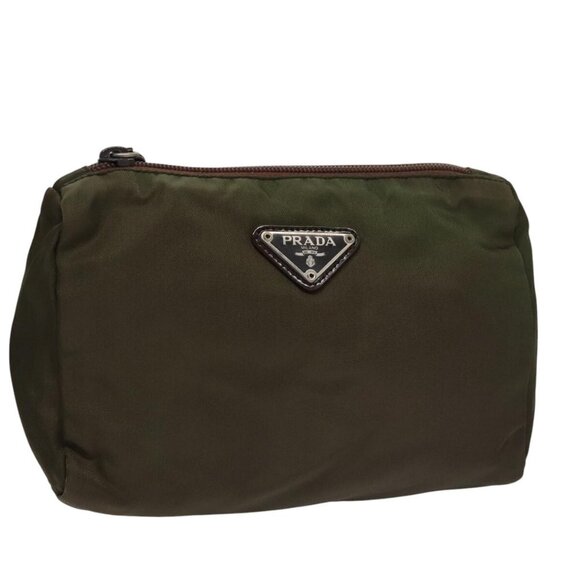 PRADA Pouch Nylon Khaki Silver Auth bs21351 - Picture 1 of 16